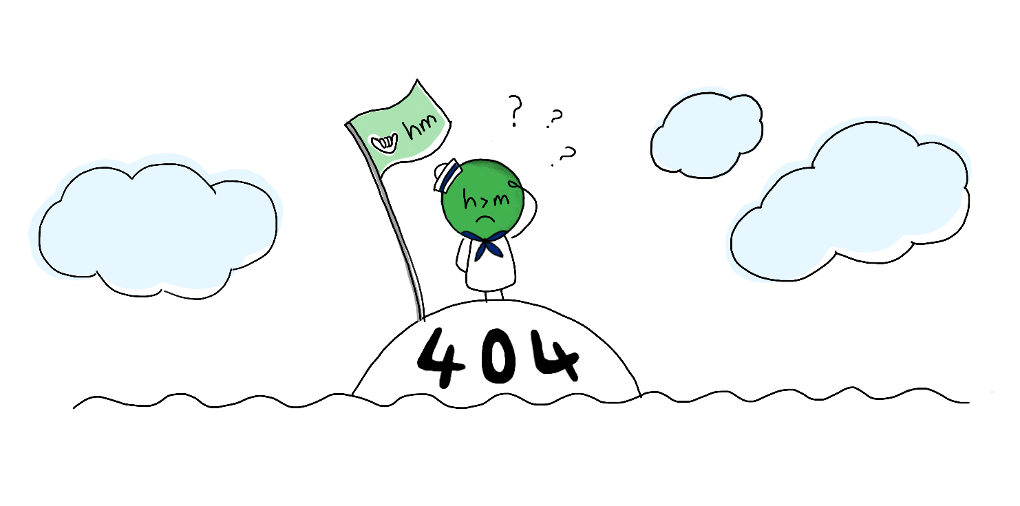 404 illustration — a small Human Managed character on a hill marked 404